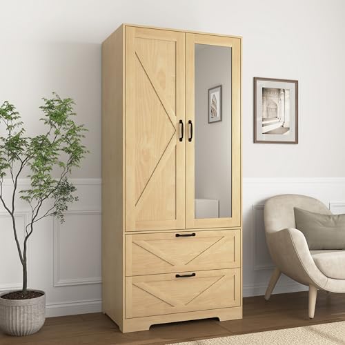 Rumiiro 31.5" Natural Wood Finish 2-Door Wardrobe with Mirror, Modern