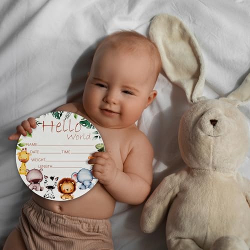 Image of Woodland Baby Name Sign 6 inch Round Wood Birth Announcement for Nursery | Round Birch Wood Baby Name Sign, Woodland Nursery Decor With Giraffe Elephant Design, Idea for Newborn, Baby Shower Gifts