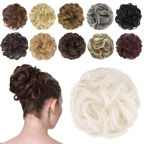FESHFEN Messy Bun Hair Pieces - Wavy Curly Elastic Hair Bun Scrunchies Ponytail Extensions Synthetic Chignon Hairpieces for Women, White Blonde 42 g