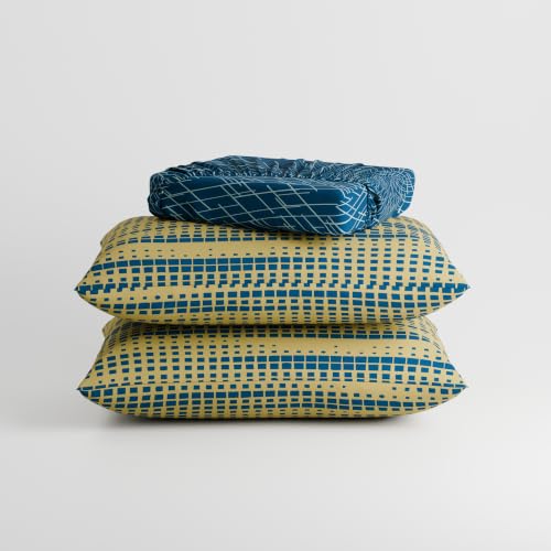 Image of Stoa Paris 100% Cotton King Size Fitted Bedsheet with 2 Pillow Covers, 180TC Printed Bedding Set, All-Season Comfort, Soft & Lightweight, Home Decor, Urbanscape - Cerulean Beams (182cmx198cm+30cm)