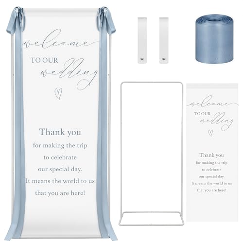 Lumina Garden Blue Wedding Welcome Sign Stand With Linen Sign with Satin Ribbon Adjustable Easel Stand Bridal Shower Welcome Decoration for Garden Ceremony Lawn Outdoor Indoor