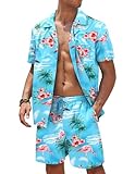 COOFANDY Conjunto havaiano masculino casual de botão com 2 peças, estampa floral, camisa de verão para férias, Azul e flamingo, XXG