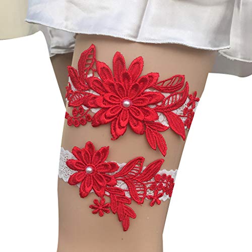 CapsA Lace Wedding Bridal Garter Belt Toss Away Prom Garters Flower Leaf Stretch Garter Belt for Bride Dress (Watermelon Red)