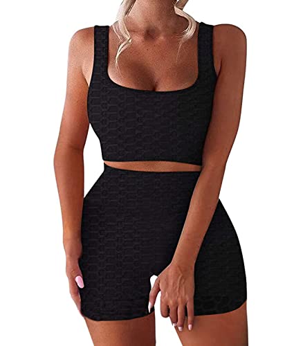 Kansoon 2 Piece Workout Sets For Women Textured Sleeveless Crop Top High Waist Shorts Yoga Outfits Black L #TOP17