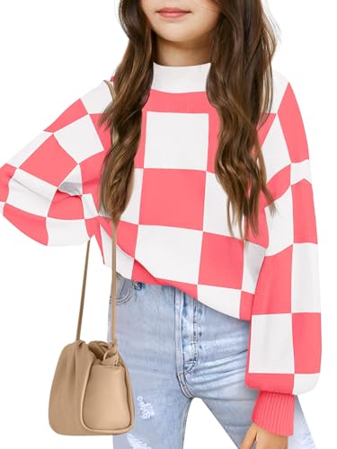 Image of Girls Sweaters Kids Fashion Plaid Mock Neck Pullover Sweater Tops 5-14 Years