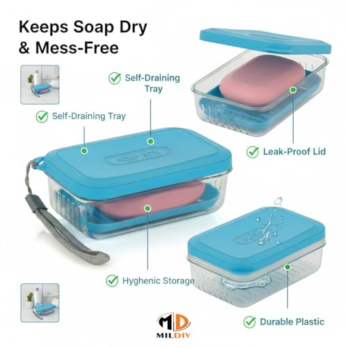 Image of Portable Self-Draining Soap Holder | Leakproof Plastic Soap Box for Bathroom, Travel, Outdoor, Camping & Home Use - Blue, Pack of 1