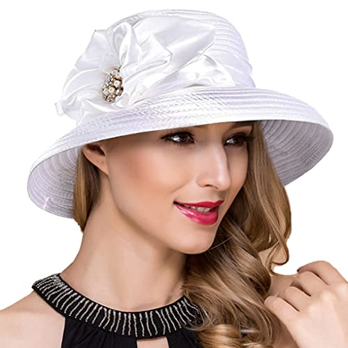 Women Derby Church Dress Cloche Hat Fascinator Floral Tea Party Wedding Bucket Hat S052 (S038-White)