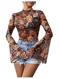 GORGLITTER Women's Floral Bell Sleeve Boho Crop Tops 70s Mesh Vinatge Western Country Concert Blouse Multicolor Small