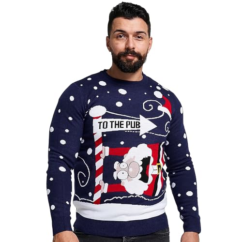 NOROZE Mens Womens Unisex Jumper Xmas Pullover Santa to The Pub Sweater (to The Pub Navy, X-Large)