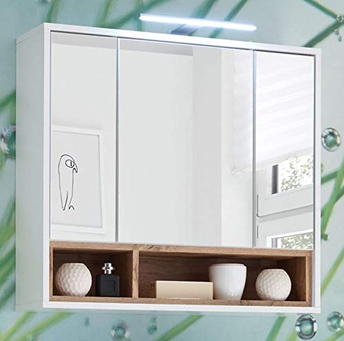 Preisvergleich Produktbild Froschkönig24 Milano Spiegelschrank inkl. Beleuchtung Hängeschrank Badspiegel Weiß / Wildeiche