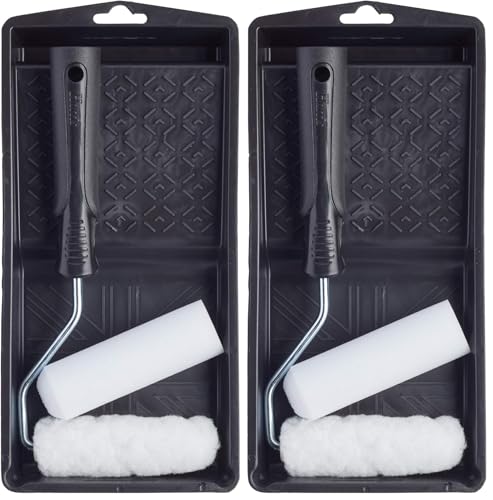 Image of Harris 101092201 Essentials Mini Roller Set for Walls & Ceilings with Tray and Frame, 4” Emulsion & Gloss Roller Sleeves (Pack of 2)
