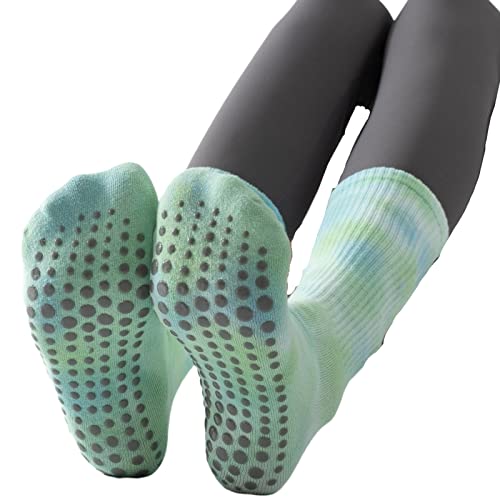 Yoga Pilates Socks With Grips For Women Non Slip Colorful Tie Dye Cushioned Crew Socks For Barre Ballet Dance (Green) #TOP6