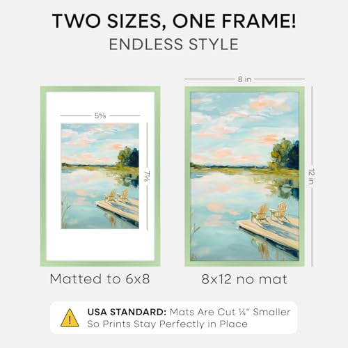 Image of Homeforia 8x12 Picture Frame Sage Green, High End Metal 8 x 12 Poster Frames with Mat 6 by 8 Photo, 12x8 Frame Matted to 6x8 inch Art, 8by12 Wall or Tabletop Frames, Tempered Glass, Wall Kit, Set of 2