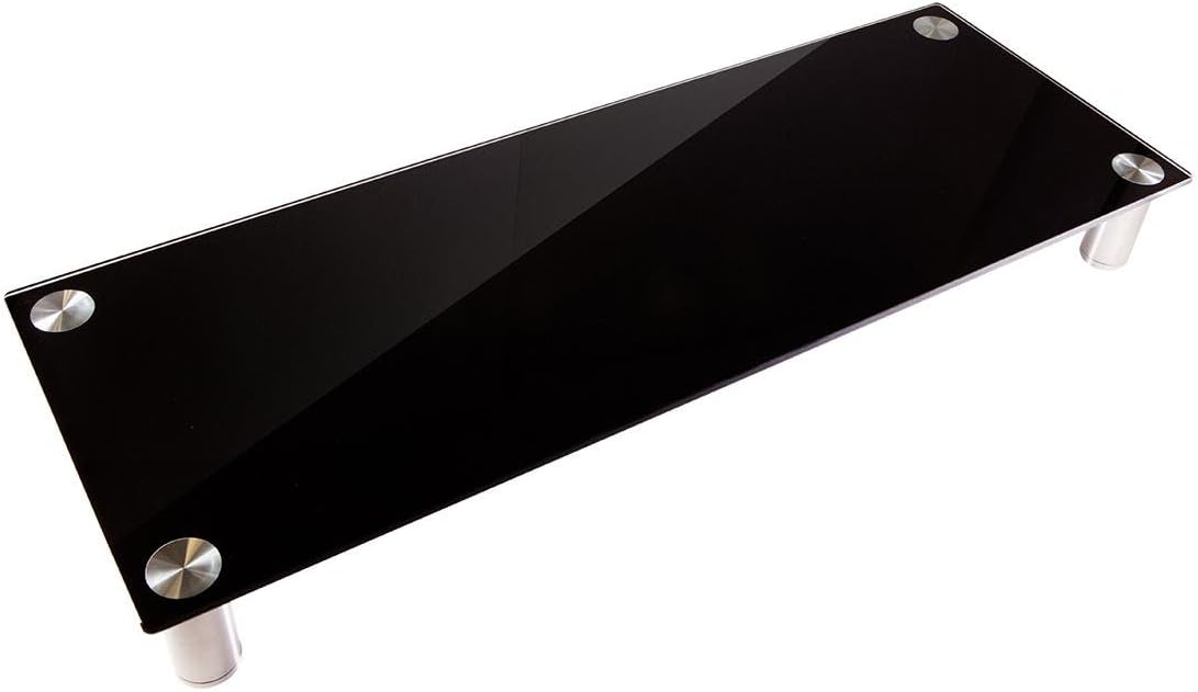 Monoprice Large Multimedia Desktop Stand - Black Glass (30.8 x 11in) Stand & Riser, Desktop TV Stand, Dual Monitors w/Height Adjustable Legs