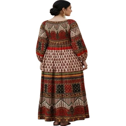 Image of Women's Cotton Dress Jaipuri Sanganeri Print Midi Long Dress Printed Fit and Flare Maxi Dress A-Line Gown Dress Maxi Skirt, Mandala (Free Size)