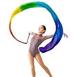 Aumulen 4M Tanzschlangen Gymnastik Tanzbänder Bauchtanz Echte Seide Band Wurfband mit Stange, Kirche Anbetung Tanzbanner Anfänger Übung Luftschlangen (Regenbogen)