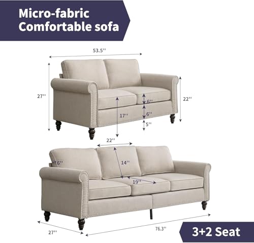 Image of ijuicy 2-Piece Sectional Sofa Set, Modern Linen Upholstered Couch Set with 5 inch Thicken Cushion & Nailhead Trim, Living Room Furniture Set-Loveseat and 3 Seat Sofa (Beige)