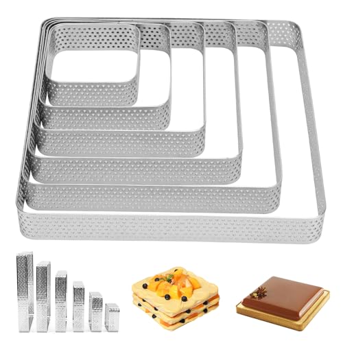 Bwetomk 6Pcs Perforated Tart Ring Stainless Steel Pastry Rings 5-15cm Heat-Resistant Porous Cake Mousse Ring, Metal Square Tart Rings for Baking Dessert Ring DIY Porous Crumpet Rings, Muffin Rings