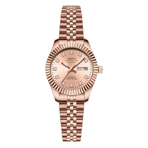 Image of NIBOSI Watches for Woman Analog Quartz Stainless Steel Diamond Rose Gold Green Small Dial Women Watches Classic Wrist Watch Date Waterproof