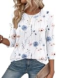 Zeagoo Summer Tops for Women 3/4 Sleeve Tunic Top Dressy Casual Floral Print Shirts Crew Neck Pleated Blouses Going Out Outfits