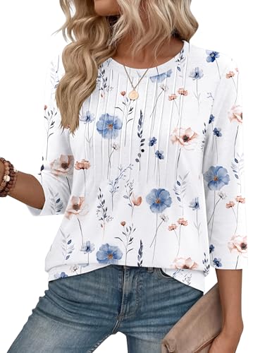 Image of Zeagoo Spring Tops for Women 3/4 Length Sleeve Loose Fit Summer Round Neck Blouses Boho Pleated Shirts Beach Vacation Tunics