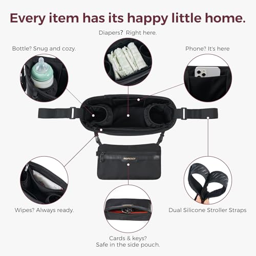 Momcozy Universal Stroller Organizer | Minimalist Caddy with 2 Insulated Bottle Holder | Silicone Anti-Slip Straps | Detachable Mini Pouch | Durable Dense-Weave, Fits for UPPAbaby/Doona & More