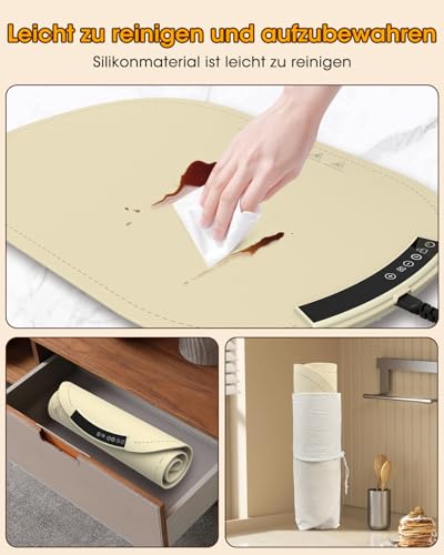 MQFORU Warmhalteplatte Elektronisch, Wärmeplatte Essen mit 7 Temperatureinstellungen, 4-Stunden-Timer & Sicherheitssperre, Silikon Speisenwärmer Buffetwärmer- Öl- und Fettbeständig, Leicht zu Reinigen – Bild 7