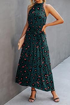Awemeal Zomerjurk voor dames, lang, bloemenpatroon, bohojurk, mouwloos, halterjurk, strandjurk, ruches, maxi-jurk met riem, S