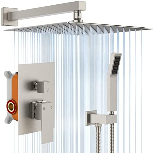Shower System, Shower Faucet Set for Bathroom with 12 Inch Rain Shower Head and Handheld Combo Set,Wall Mounted Shower Faucets Sets Complete Contain Pressure Balance Valve and Trim Kit(Brushed Nickel)