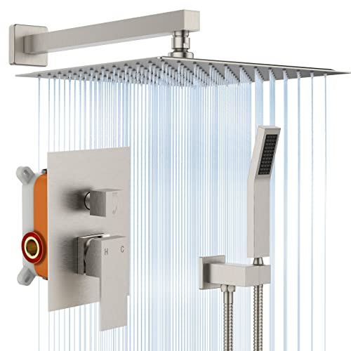 Shower System, Shower Faucet Set For Bathroom With 12 Inch Rain Shower Head And Handheld Combo Set,Wall Mounted Shower Faucets Sets Complete Contain Pressure Balance Valve And Trim Kit(Brushed Nickel) #TOP2