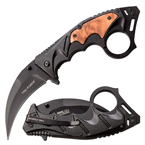Image of Tac-Force Folding Pocket Knife - Black Stainless Steel Hawkbill Blade and Black Aluminum Handle w /Wood Inlay and Pocket Clip, Liner Lock, Tactical, EDC, Rescue - TF-957WD