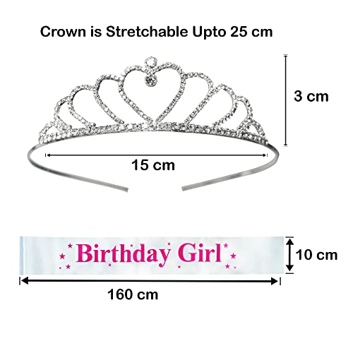 Image of DECOFY Birthday Sash & Crown Set | Princess Queen Tiara Taj Hairband for Kids Girls Women | 3 Pc Party Dress Up Set with Pin | Birthday Celebration Accessories | Elegant Royal Fancy Gift S