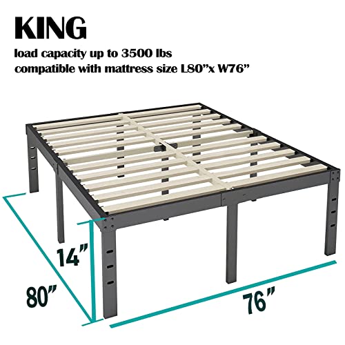 Auroral King Size Bed Frame 14 Inch Tall, 3 Inches Wide Wood Slats With 3500 Pounds Support For Foam Mattress Foundation/No Box Spring Needed/Underneath Storage/Noise Free/Easy Assembly-Black #TOP2