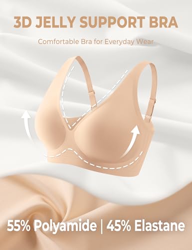 EUYZOU Womens Wireless Jelly Bras Comfortable Deep V Supportive No Underwire Bras T-Shirt Push Up Seamless Everyday Bra, Skin XXL — view 4