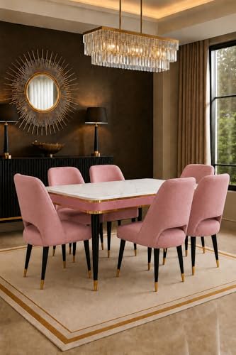 Image of WOODEN SPACE 6-Seater Wooden Dining Table Set | Nano Composite Marble Top | Solid Wood Base | Modern Dining Room Furniture with 6 Chairs (Pink Vintage)