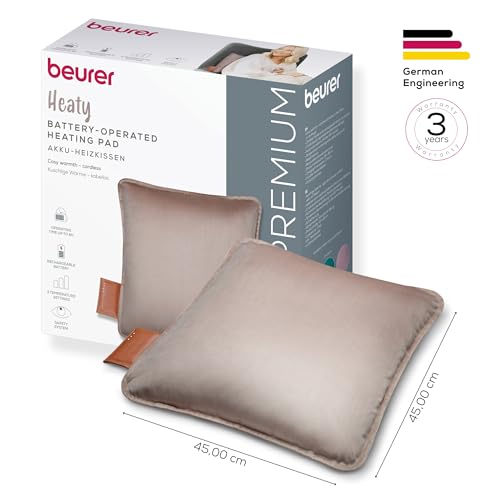 Beurer Heaty Heizkissen, kabelloses Heizkissen mit Akku, Wärmekissen mit Abschaltautomatik und 3 Temperaturstufen, mit Schnellheizung, weicher Samtstoff, smokey-taupe