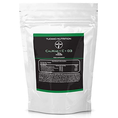 Calcio Magnesio Vitamina D y Vitamina C - 200g Bebida en Polvo - Cucharada con 400mg Gluconato de Cal, 200mg Carbonato de Mag, 500mg Ácido L Ascórbico (Vit C), 25mcg Colecalciferol (Vit D3)