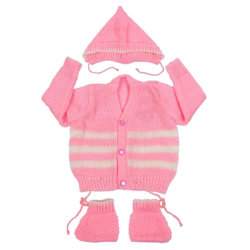 Image of Kids Woolen Sweater for Baby Boys and Girls with Cap and Socks Multicolor 6 to 12 Months 3 Pcs Set Long Sleeve V Neck Regular Fit