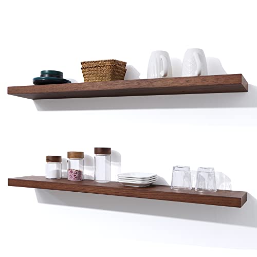 Axeman Oak Floating Shelves, 36 Inch Wall Shelf Set Of 2, Solid Wood Shelves For Wall Storage, Wall Mounted Wooden Display Shelf For Bathroom Bedroom Kitchen Garage, Walnut #TOP23