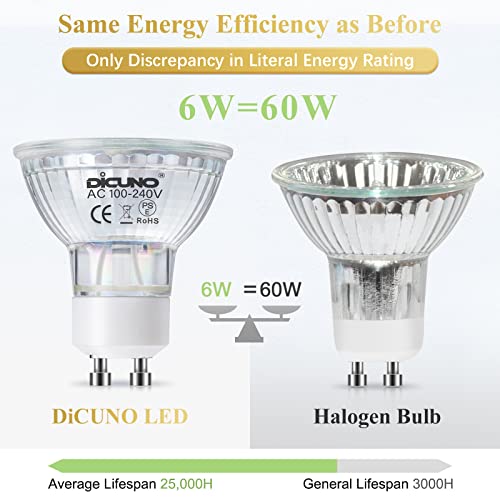 Image of DiCUNO GU10 LED Light Bulbs, 6W 60W Halogen Replacement, Bright Daylight