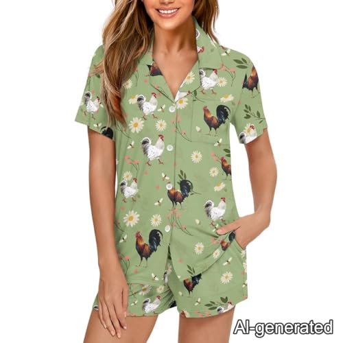 Image of Renewold Women's Short Sleeve Pajama Set Button Down Sleepwear with Notch Collar Soft Lounge Top and Shorts with Pockets