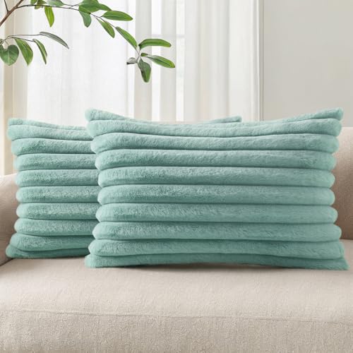 Pallene Faux Fur Plush Lumbar Throw Pillow Covers 12x20 Set of 2, Luxury Soft Fluffy Striped Decorative Pillow Covers for Sofa, Couch, Living Room, Aqua