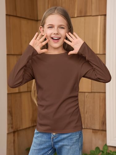 Image of Haloumoning Girls Long Sleeve Shirts Crewneck Ruched Side Slim Fit Tops Ribbed Knit Casual Tee Shirt 4-15 Years