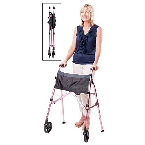Stander EZ Fold-N-Go Walker, Lightweight Folding Mobility Rolling Walker for Seniors and Adults, 6-inch Wheels, Ski Glides, and Organizer Pouch, Regal Rose