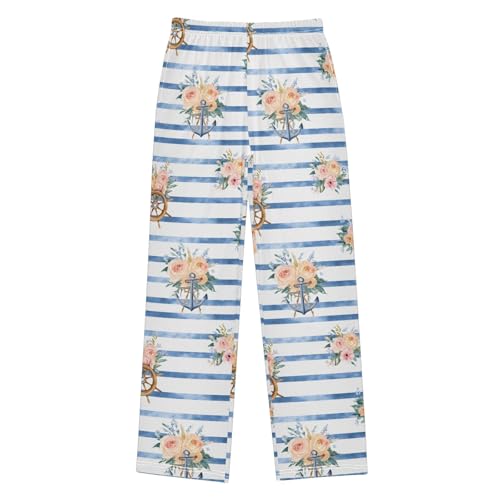 Pajama Pants Lounge Sleep PJ Bottoms Sleepwear Elastic Waist Drawstring S Rudder Anchor Floral