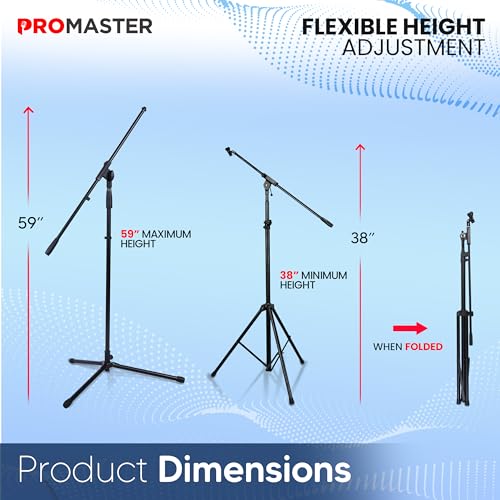 ProMaster Tripod Microphone Stand - Universal and Adjustable Professional Audio Telescopic Gooseneck, Boom Arm Tripod Microphone Stand with Universal ⅝” Adapter - Black