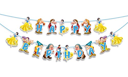 "Snow White and the Sevn Dwafs Happy Birthday Banner – Cartoon Princess Theme Birthday Party Decoration – Colorful Fairy Tale Banner for Girls Birthday Party, Photo Booth,Party Backdrop Décor"