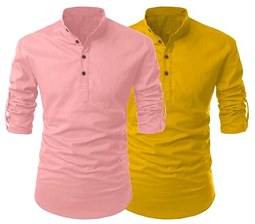 Image of FINIVO FASHION Combo of Men's Cotton Blend Solid Regular Fit Full Sleeve Straight Short Kurta Shirt, Casual and Formal Wear