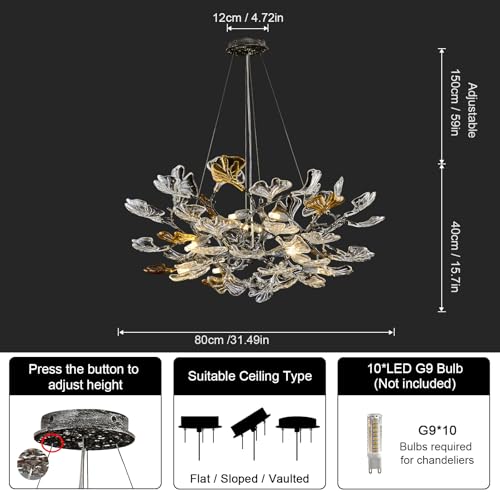 Image of AioTio Black Modern Chandeliers for Dining Room, D31.5''Tree Branch Round Glass Ginkgo Leaf Farmhouse Chandelier,Large Ceiling Hanging Vintage Chandelier for Living Room,Entryway,Kitchen Island,Foyer