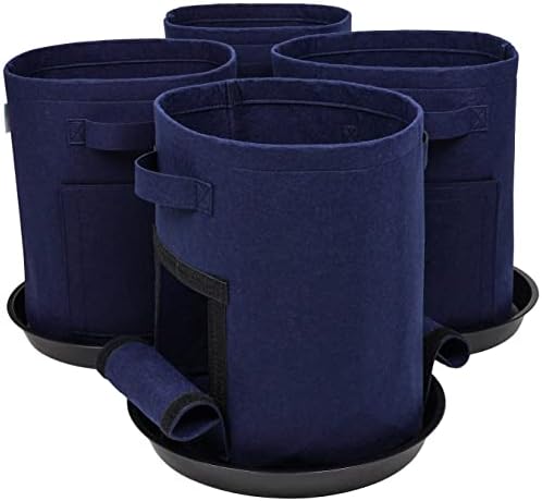 EverBounty 7 Gallon Grow Bags, Extra Thick 400G Fabric Pots with Saucer Trays, 2 Windows | 4-Pack-Blue | Premium Garden Container Potato Planter - Grow All Plants, Mushrooms, Vegetables, Indoors Too